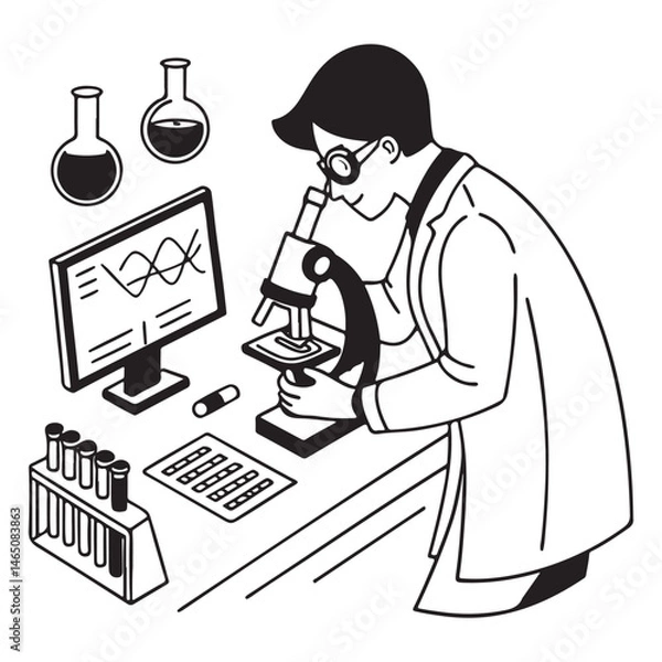 Fototapeta Scientist Looking at Biological Samples Under a Microscope in an Applied Science Laboratory.
