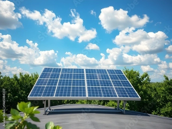 Fototapeta Solar panels on a rooftop against a clear blue sky