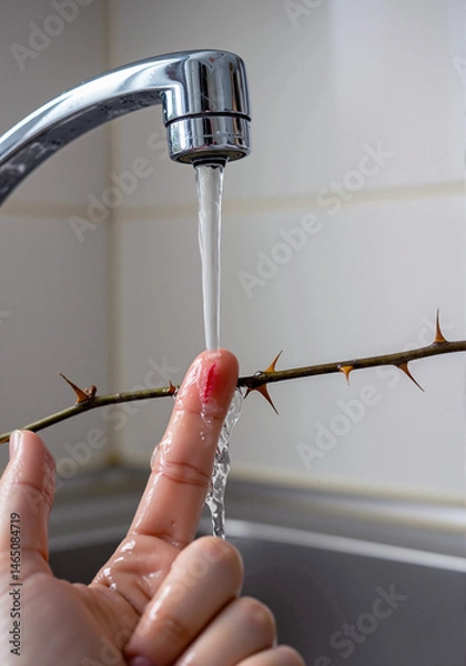 Fototapeta Hand washing a scratched finger from thorn against a kitchen sink  