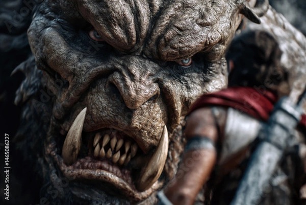 Obraz A heroic figure faces a monstrous beast with massive tusks, creating a scene of intense confrontation and peril in a fantastical setting.