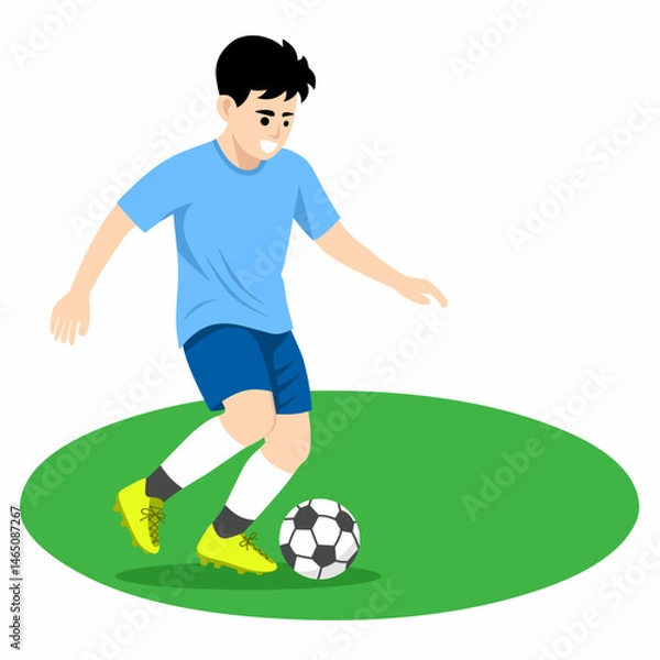 Obraz Flat design cartoon vector illustration of a boy in blue uniform dribbling a ball on a green field. Perfect for sports-themed content, kids activities, and educational materials.