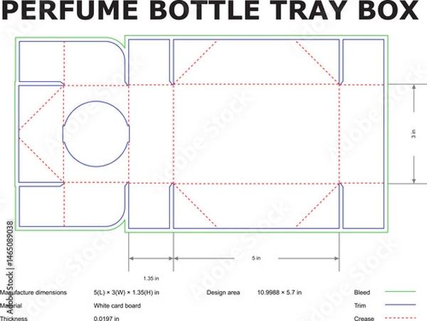 Fototapeta Detailed vector blueprint design of a perfume bottle tray box with measurements and design specifications for packaging production