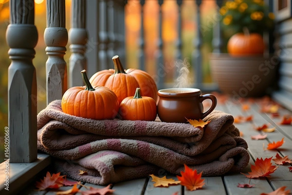 Fototapeta A Captivating Autumn Porch Scene, Pumpkins, Warm Beverage, and Cozy Blanket Embrace the Essence of the Season with a Golden Sunset Backdrop, Creating a Tranquil Atmosphere