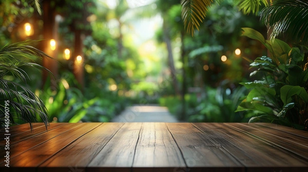 Fototapeta Warm rustic wooden tabletop in a lush tropical garden with blurred background of palm trees, exotic plants and soft natural light - perfect for branding visuals & concepts