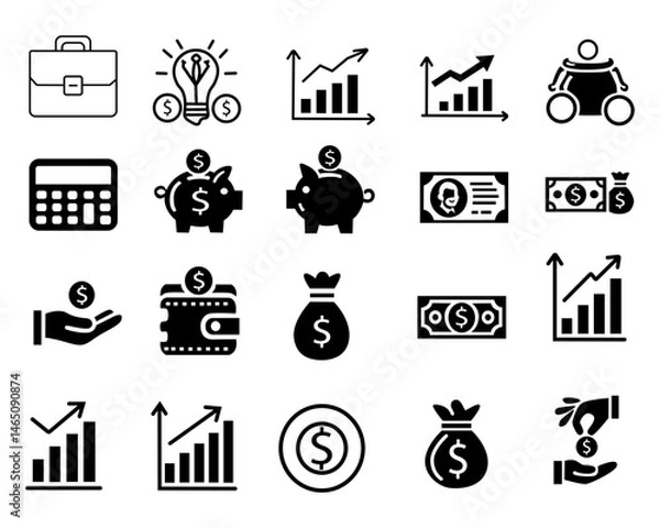 Obraz sets of investment-themed solid icons, including symbols like an upward graph, piggy bank, money, and calculator. Perfect for financial presentations, apps, or websites.