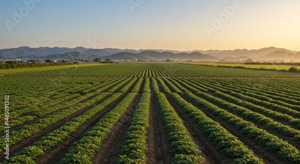 Fototapeta Expansive cultivated yam field stretches to the horizon under golden sunlight