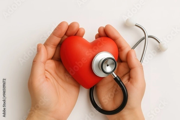 Obraz Hands of Care: A gentle pair of hands cradles a vibrant red heart, accompanied by a stethoscope, symbolizing care, health, and well-being. Capturing a scene of support and medical assistance.