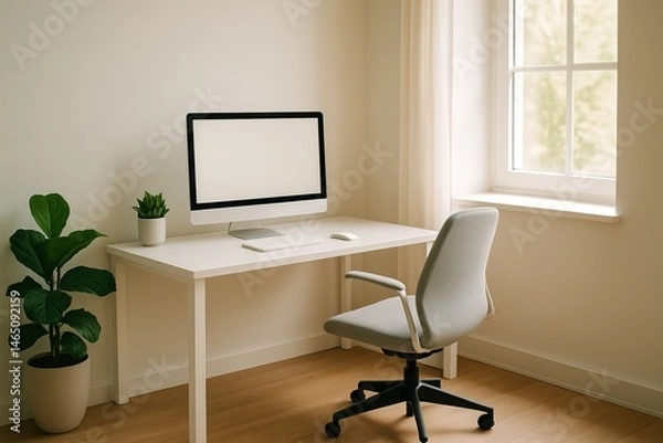 Obraz Workspace serenity: A modern workspace, bathed in natural light from a nearby window, offers a calming environment. This image features a minimalistic aesthetic with a clean desk, ergonomic chair.
