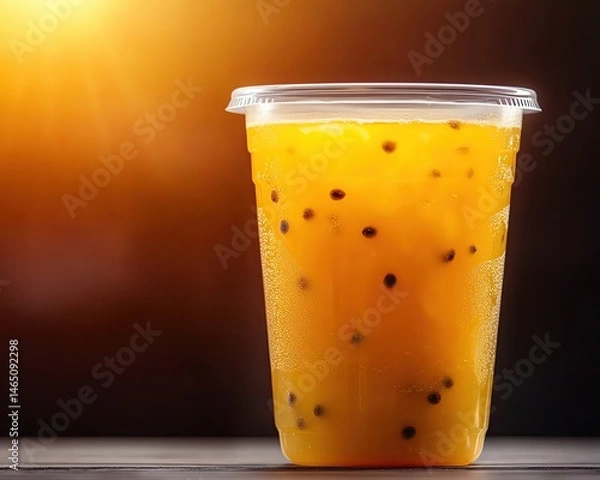 Fototapeta Mango passion fruit lemonade drink in clear glass with fresh fruit garnish, tropical mango passion fruit lemonade with mint and citrus, artisan mango passion fruit lemonade for summer menu photography