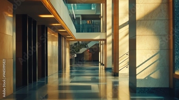 Fototapeta Interior atrium hallway with stone columns, natural light, sunlight shadows, and view of upper floors, creating a modern office building feel.