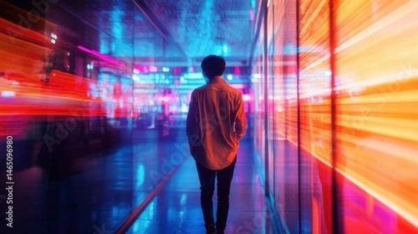 Fototapeta Asian Man Walking Through a Futuristic Corridor with Glowing Neon Light Streaks Along the Walls Giving a Sense of Motion