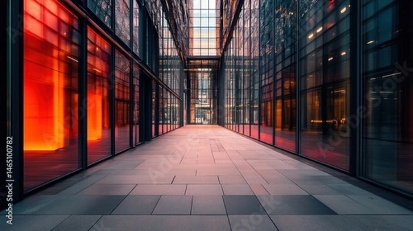 Fototapeta Hallway with Geometric Floor Tiles and Red-Tinted Glass Walls in Modern Architecture Building Complex