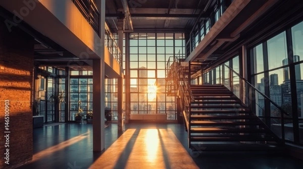 Fototapeta Spacious Loft Interior with Staircase, Sunlight, and Panoramic Cityscape View through Large Windows in Modern Architecture