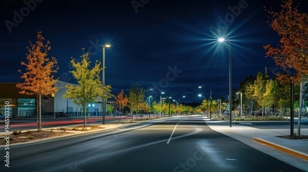 Fototapeta Empty roadway illuminated by streetlights at dusk with leaf color changing on trees showing car light trails through the evening