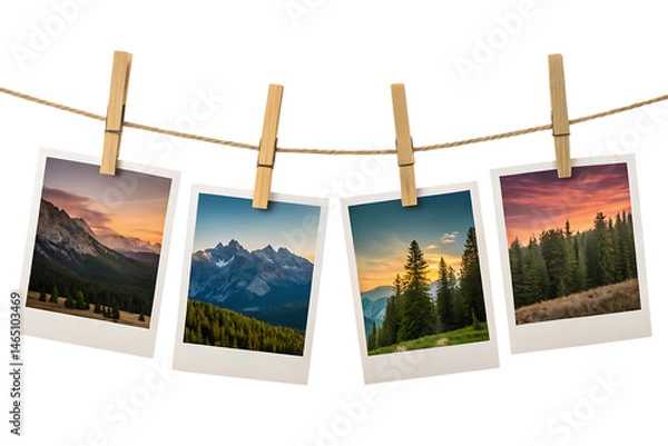Obraz Four landscape photos hanging on a string with clothespins against a black background scenery display