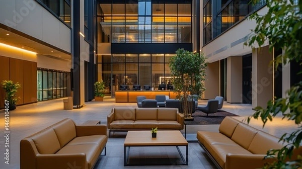 Fototapeta Modern Interior Lounge Space Featuring Leather Sofas, Tables, Potted Plants, and Contemporary Architecture Elements
