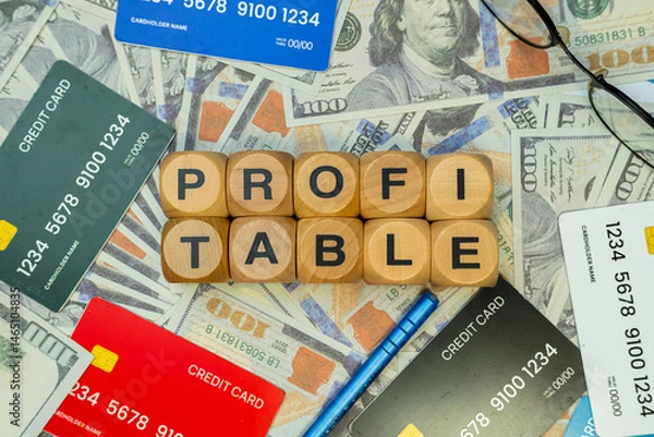 Obraz Some hundred dollar bills, some credit cards, a blue pen and a wooden block that says "PROFITABLE". they are all arranged on a work desk. Business and Finance concept