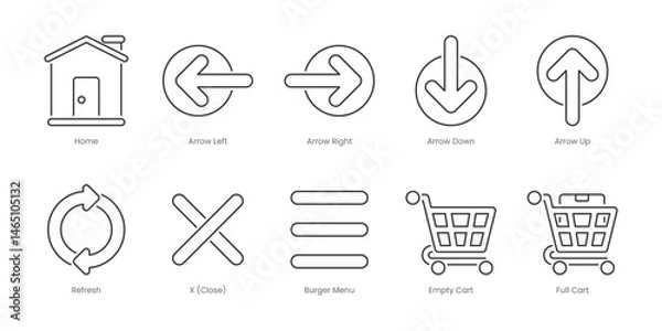 Fototapeta Web Outline Icons Set – Arrow Left, Home, Arrow Down, Arrow Right, Arrow Up, Burger Menu, Empty Basket, Empty Cart, Full Basket, Full Cart, Editable Stroke.