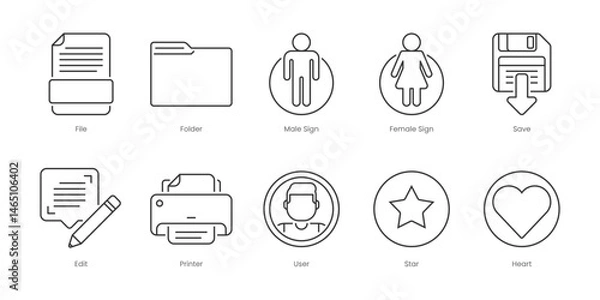 Fototapeta Web Outline Icons Set – Female Sign, File, Folder, Male Sign, Phone, Printer, Save, User, Briefcase, Brush, Editable Stroke.