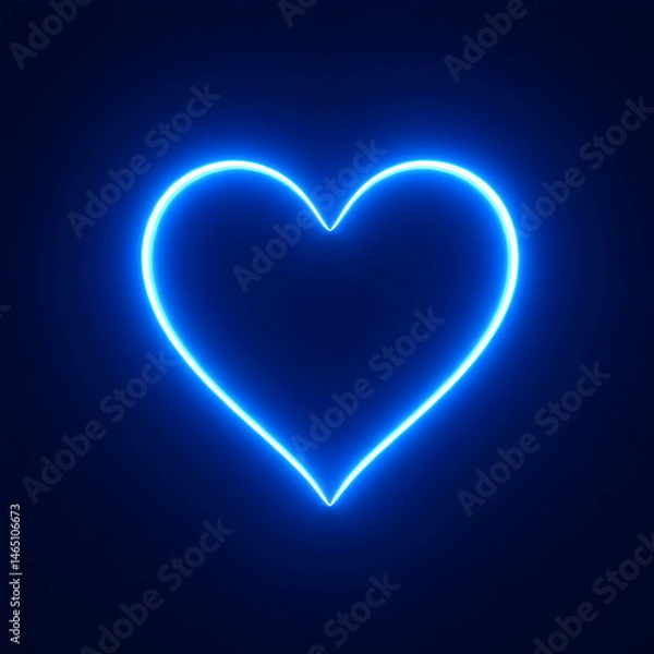 Fototapeta A glowing neon blue heart shape centered on a dark blue background with a soft light effect around it