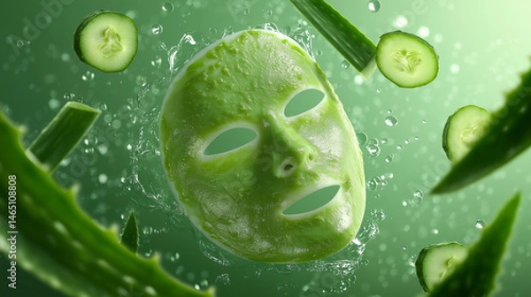 Fototapeta Hydrating cucumber and aloe vera face mask splash – refreshing skincare cosmetic concept on green background