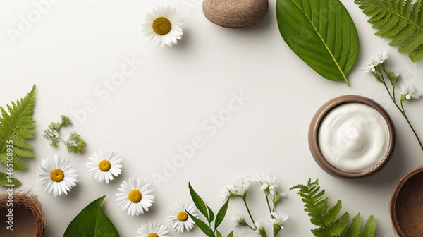 Fototapeta Natural skincare cream with chamomile flowers and botanical leaves on white background