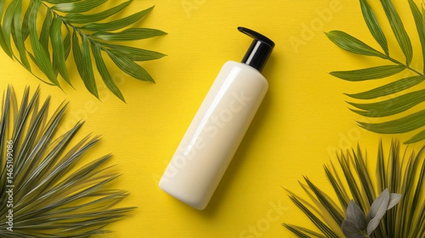 Fototapeta Minimal cosmetic bottle with pump surrounded by tropical leaves on vibrant yellow background