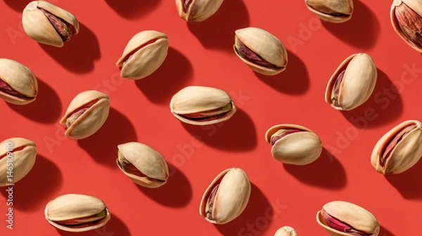 Fototapeta Scattered pistachio nuts on vibrant red background with sharp shadows and crisp detail