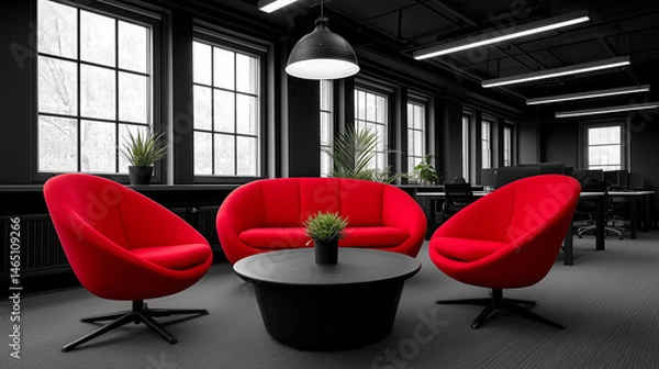 Fototapeta Modern office lounge with bold red chairs and black decor creating a stylish contrast in monochrome workspace