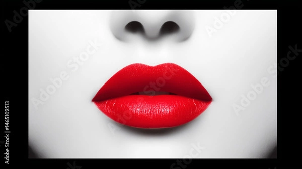 Fototapeta Bold red lips on flawless monochrome face with dramatic sensual contrast