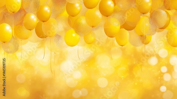 Fototapeta Golden celebration with floating yellow and transparent balloons on glowing festive background full of light and joy
