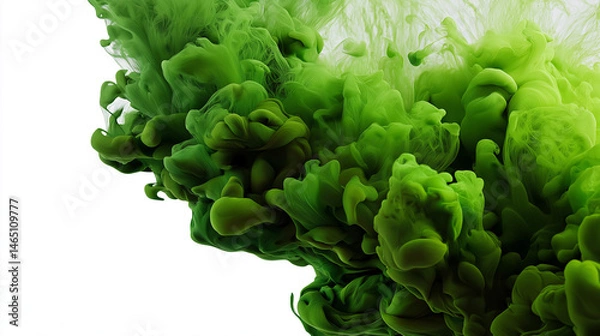 Fototapeta Vivid green ink swirling in abstract organic forms suspended in motion against white background