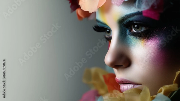 Fototapeta Artistic beauty portrait with vibrant colorful makeup and floral elements for fashion, creativity, cosmetics and expressive art themes