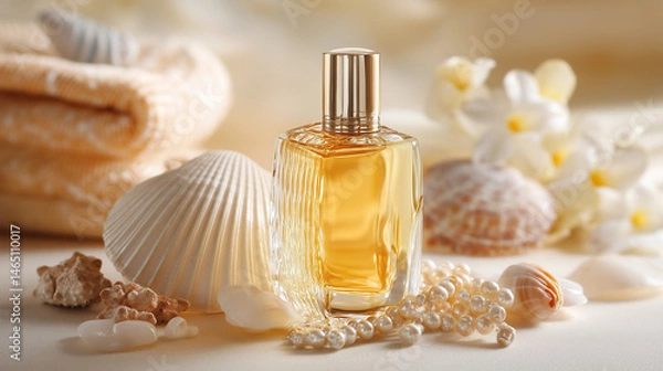 Fototapeta Elegant perfume bottle surrounded by seashells, pearls, and soft tropical elements evoking luxury and coastal serenity