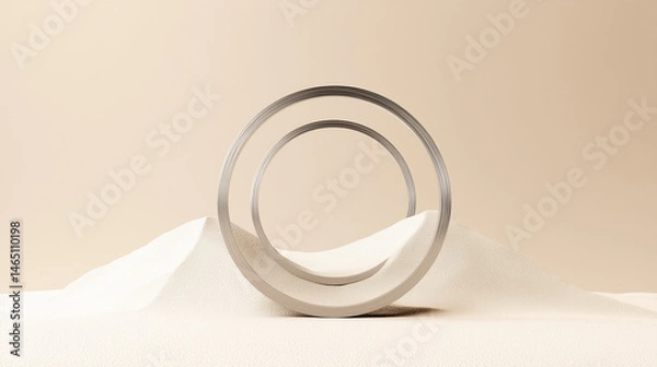 Fototapeta Minimalist metallic rings balanced in textured desert landscape with soft neutral tones and abstract harmony