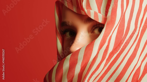 Fototapeta Mysterious gaze through striped veil in red tones expressing elegance and cultural depth
