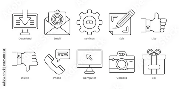 Fototapeta Web Outline Icons Set – Upload, Computer, Dislike, Edit, Email, Like, Phone, Settings, Box, Camera, Editable Stroke.