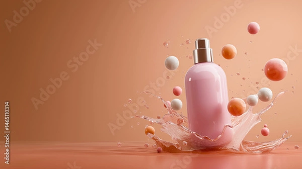 Fototapeta Luxurious splash of hydration with floating spheres and elegant pink cosmetic bottle on peach background