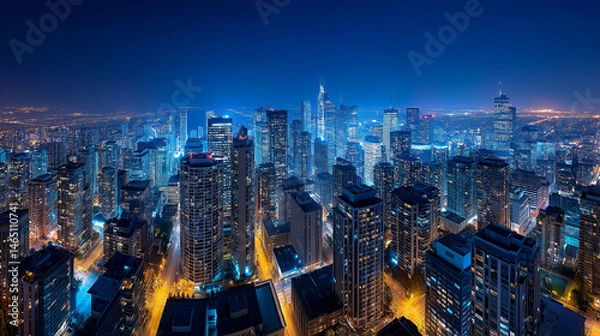 Fototapeta Panoramic view of modern city skyline at night with glowing buildings for urban development, architecture, business and futuristic cityscape concepts