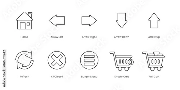 Fototapeta Web Outline Icons Set – Home, Arrow Down, Arrow Left, Arrow Right, Arrow Up, Refresh, X (Close), Burger Menu, Empty Cart, Full Cart, Editable Stroke.