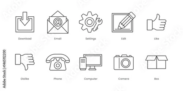 Fototapeta Web Outline Icons Set – Download, Email, Edit, Like, Settings, Computer, Dislike, Phone, Box, Camera, Editable Stroke.