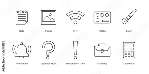 Fototapeta Web Outline Icons Set – Image, Note, Palette, Wi-Fi, Brush, Notification, Question Mark, Briefcase, Calculator, Exclamation Mark, Editable Stroke.