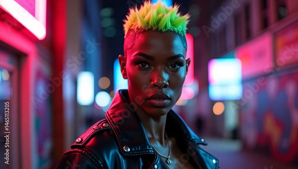 Fototapeta A stylish individual with green hair stands confidently in a vibrant city setting. The person is adorned with a fashionable jacket and presents a bold look, illuminated by neon lights.