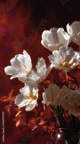 Fototapeta A captivating bouquet of delicate white-hot tulips set against a crimson backdrop, invoke springtime serenity.