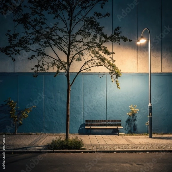 Fototapeta Empty park bench under a street lamp at night