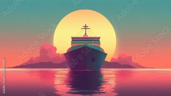Fototapeta Cargo ship flat design front view global shipping theme animation Triadic Color Scheme. 