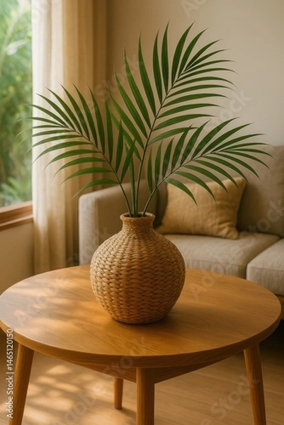 Fototapeta Stylish Woven Vase with Palm Leaves on a Wooden Coffee Table