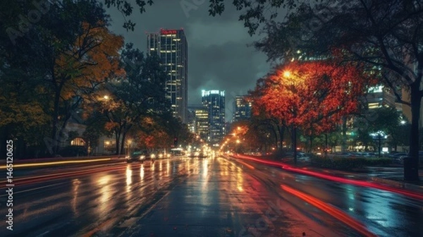 Fototapeta City street glistens after rainfall at twilight with light trails from vehicles passing through urban environment near buildings