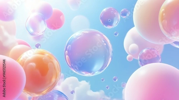 Fototapeta Colorful soap bubbles floating in the air, sunlight background.