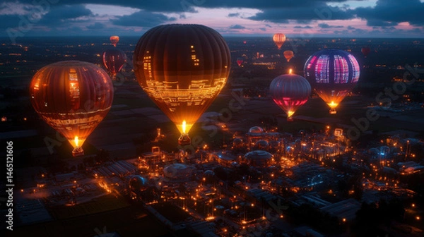 Fototapeta Stunning aerial view of colorful hot air balloons illuminated against twilight sky, creating magical atmosphere over vibrant landscape. scene captures beauty and excitement of balloon festivals